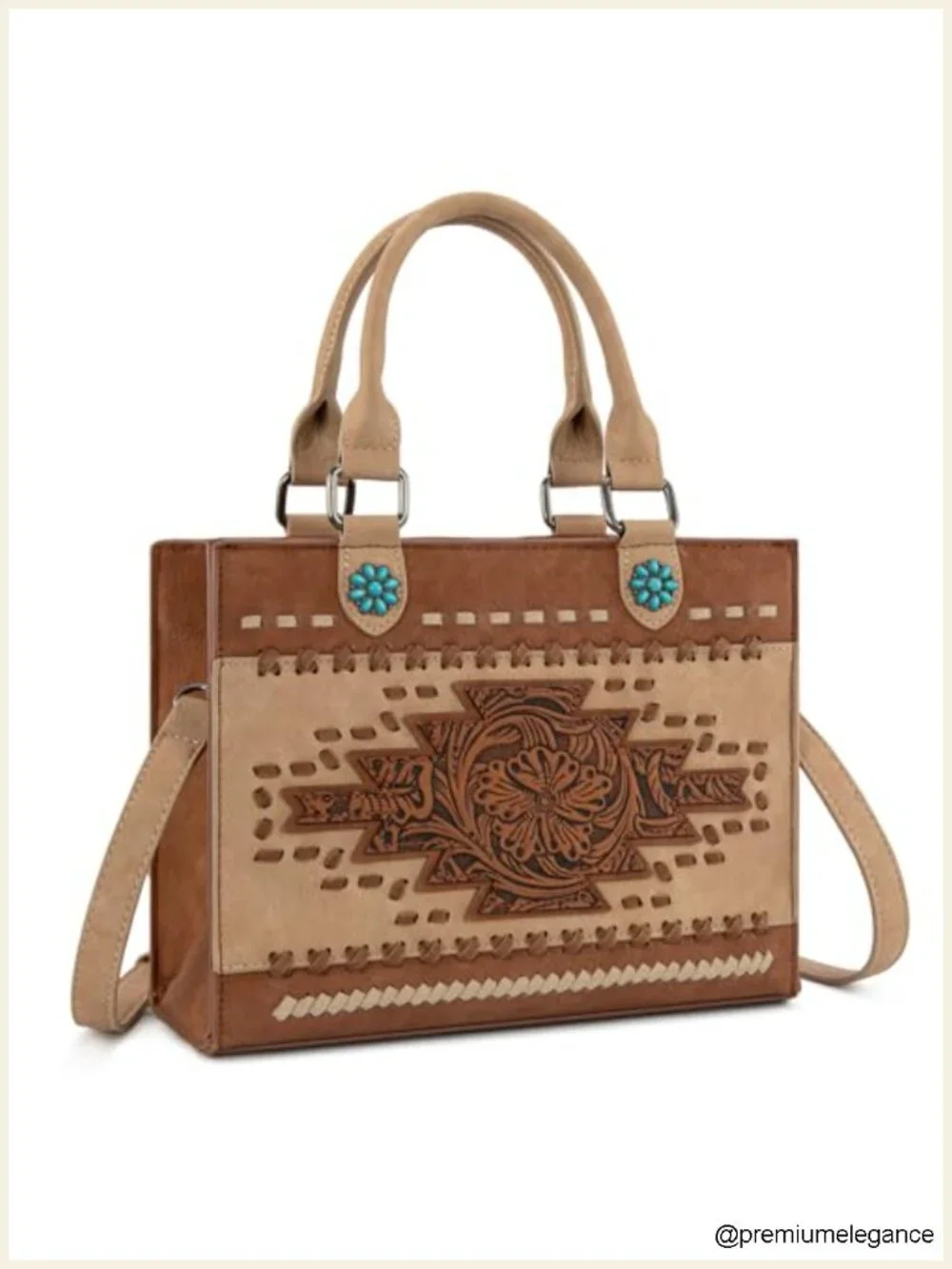 Western Tooling Top Handle Purse with Floral Engraving Turquoise Accents Faux